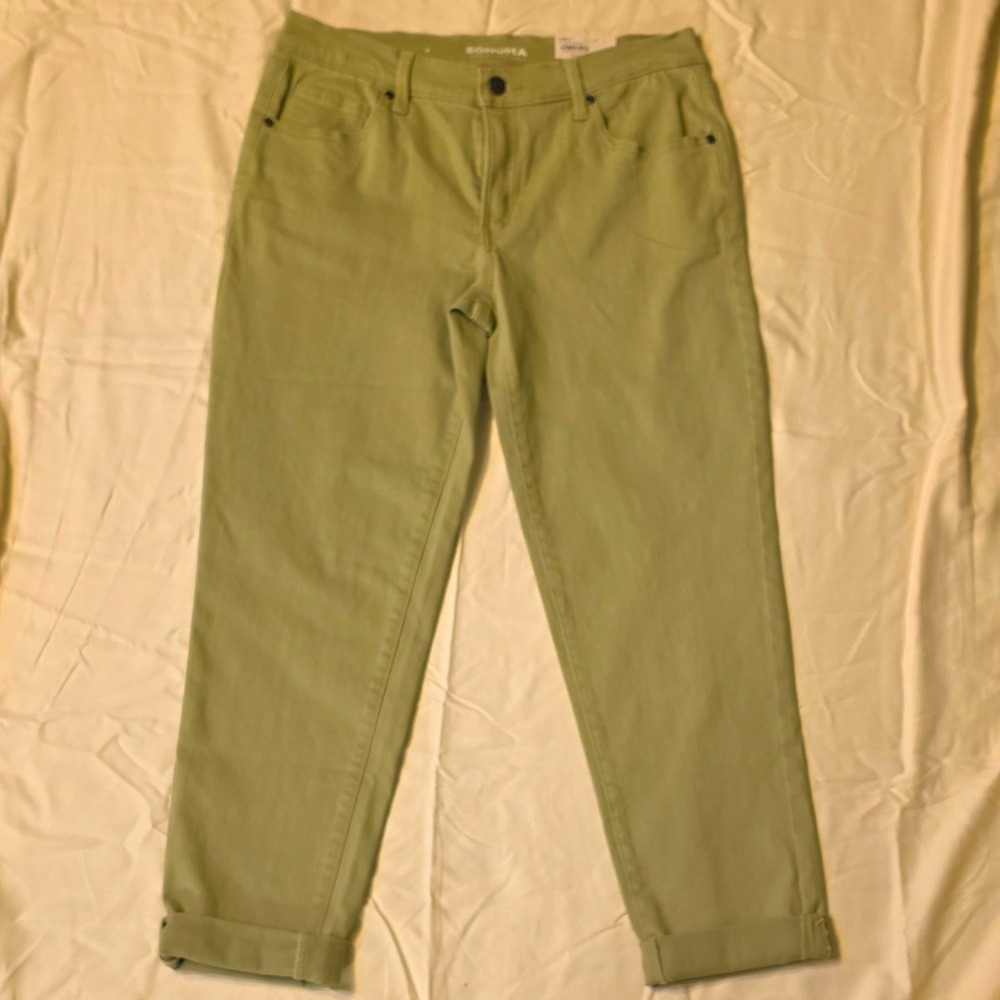 Sonoma Women's Mid Rise Relaxed Straight Cropped Pants Green Stretch #17